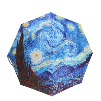 

Automatic Folding Umbrella Female Windproof Paraguas Van Gogh Oil Painting Chinese Art Umbrella Rain Women Quality Parasol