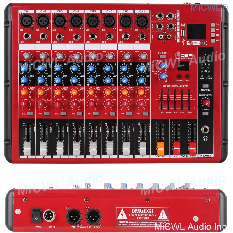 

Pro 8 Microphone Channel Bluetooth Audio Mixer 8-Input 2-Bus DJ Live Sound Mixing Console with DSP USB MP3 EQ 48V Phantom Power