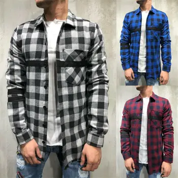 

Fashion Men's Casual autumn Shirt Mens Plaid Italian Sleeves Turndown collar Buttoned stitching pocket Shirts Tops Tee