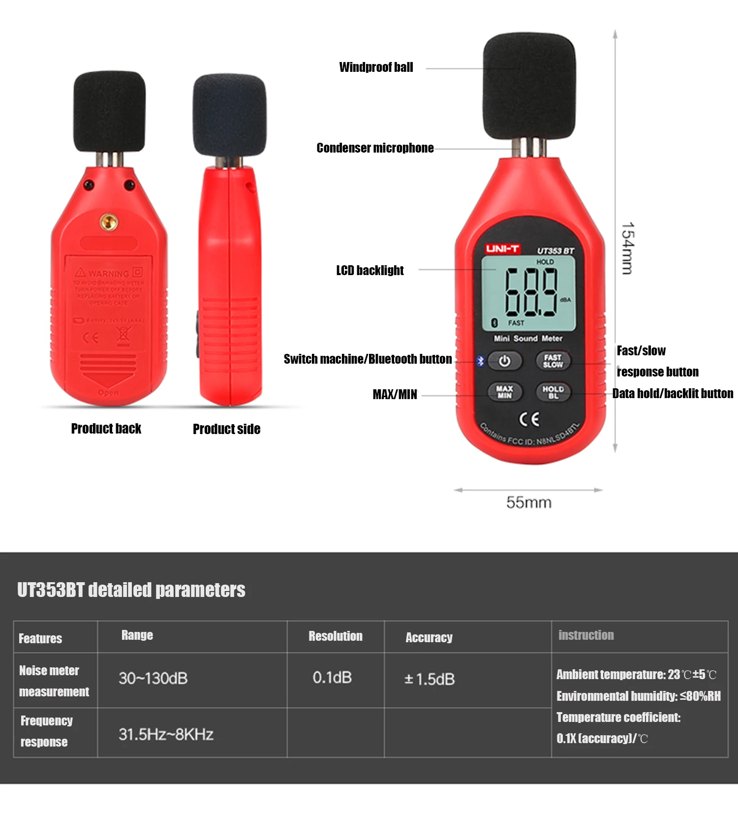 bluetooth medidor de ruído 30-130db decibel monitoramento medidores de nível de som.