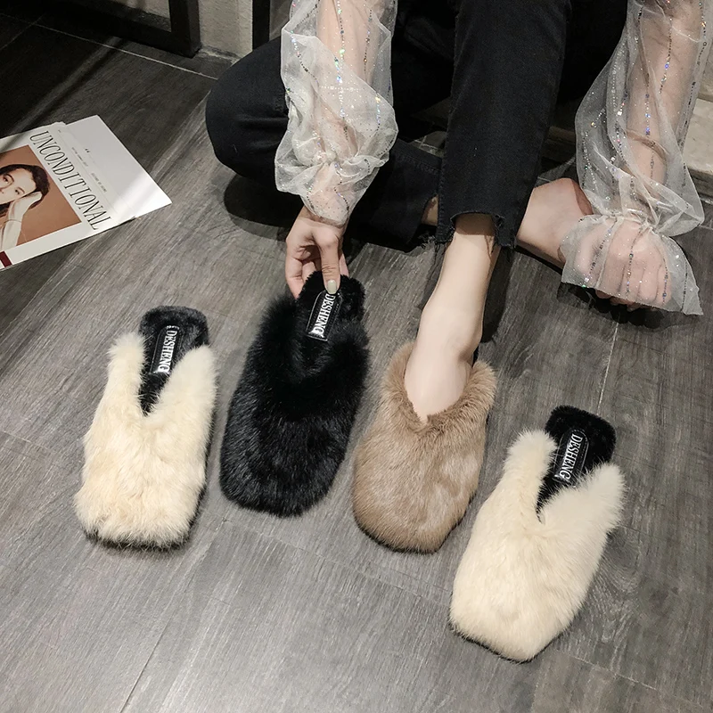 

Low Shoes Loafers Slippers Platform Slides Cover Toe Pokemon Plush Fashion Flock Fur Flat Luxury Soft 2019 Basic Bonded