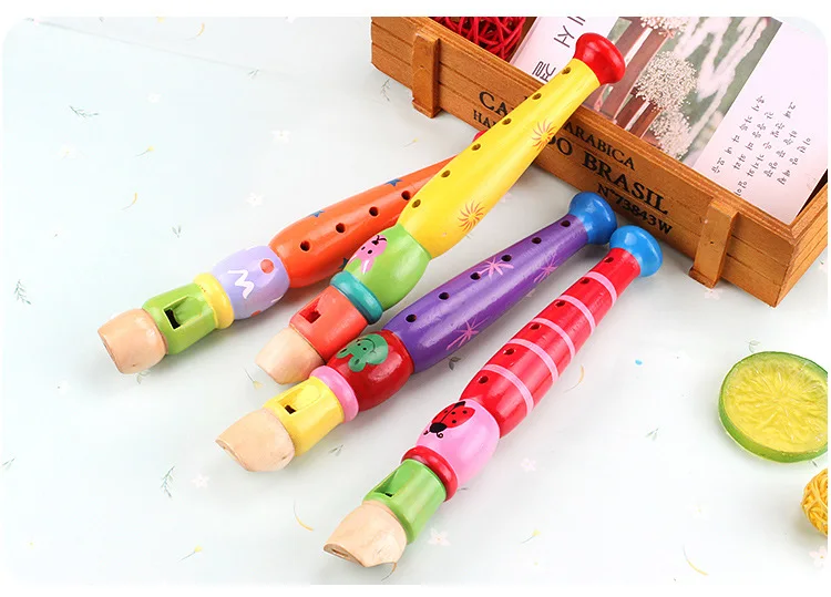 Wooden Children 6 Hole Cartoon Short Flute Playing Musical Instrument Early Educational Develop Type Toys Piccolo Recorder DDJ