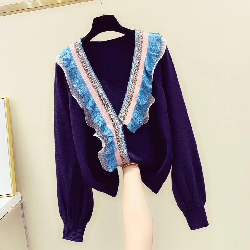 #Special Offers Fashion Ruffle Color Splicing V-neck Knitted Cardigan Female Loose Lantern Sleeve Sweater Girls Lady Sweet Knit Jacket Top Femme