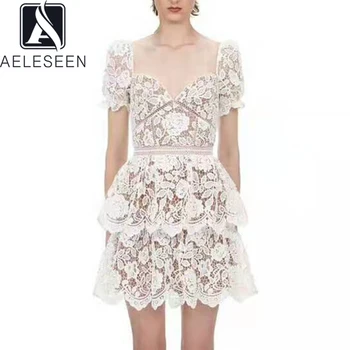

AELESEEN 2020 Spring New Disign High Quality Lace A-Line Dresses Women Luxury Hollow Out Elegant Puff Sleeve Floral Mini Dress
