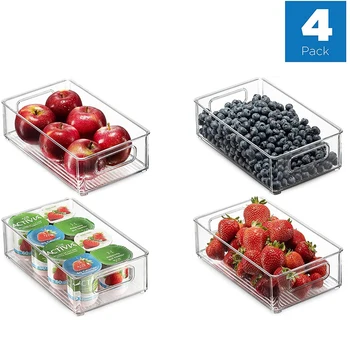 

Set of 4 Refrigerator Organizer Bins - Stackable Fridge Organizers with Cutout Handles for Freezer, Kitchen, Countertops