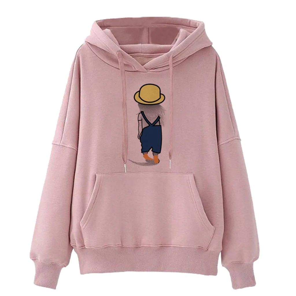 

Women Cartoon Hoodie Casual Child Pattern Drawstring Pullover Sweatshirts Solid Color Harajuku Tops With Pockets Pullover #F