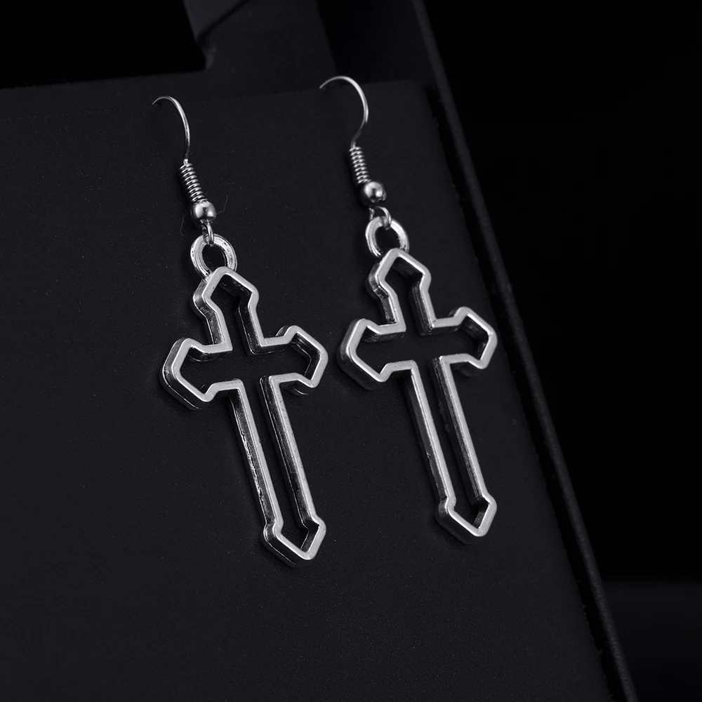 Trendy Vintage Cross Shape Dangle Antique Silver Plated Earrings for Women Girl Retro Drop Earrings Cute Earring Jewelry Bijoux