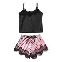 Женская пижама, Сексуальный Атласный пижамный комплект, Черная кружевная пижама с v-образным вырезом, без рукавов, милый топ на бретельках и шорты, женские пижамы, пижама