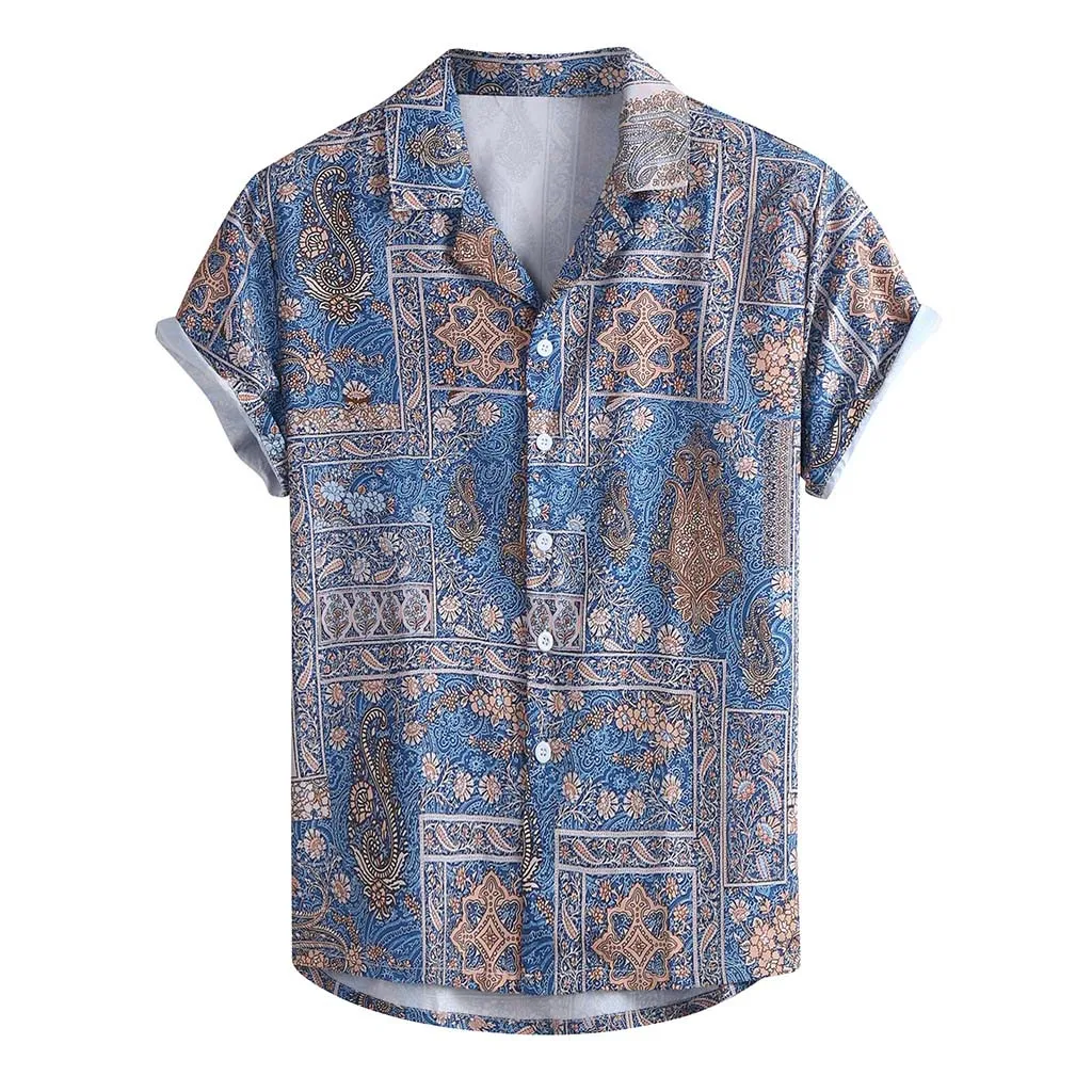 Прямая продажа с фабрики, мужская летняя Модная Повседневная рубашка с отворотом и принтом, короткий рукав, топ, блузка, мужские рубашки