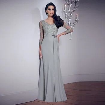 

2020 Sexy V Neckline Chiffon Mother of The Bride Dresses Long Sleeve Beading Lace Mother Of Groom Dress Party Gowns Robe Soiree