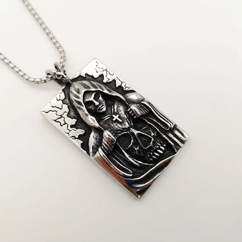 

Goethtic Vintage silver Death God skull pendant necklace retro stainless steel cloaked Death God dog tag necklace cool jewelry