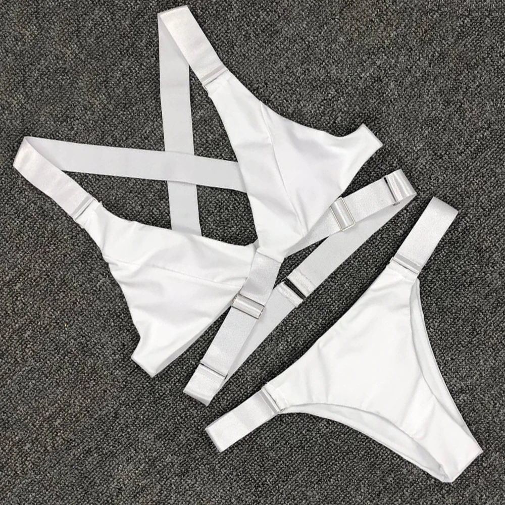 Женский купальник пуш ап однотонное черно белое бикини с бретельками бандажный