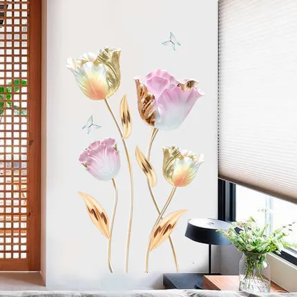 

Tulips Wall Stickers 3D Flower Wallpaper vsco Girl Room Decor Aesthetic Living Room Bedroom Decoration Fridge Wallstickers Art