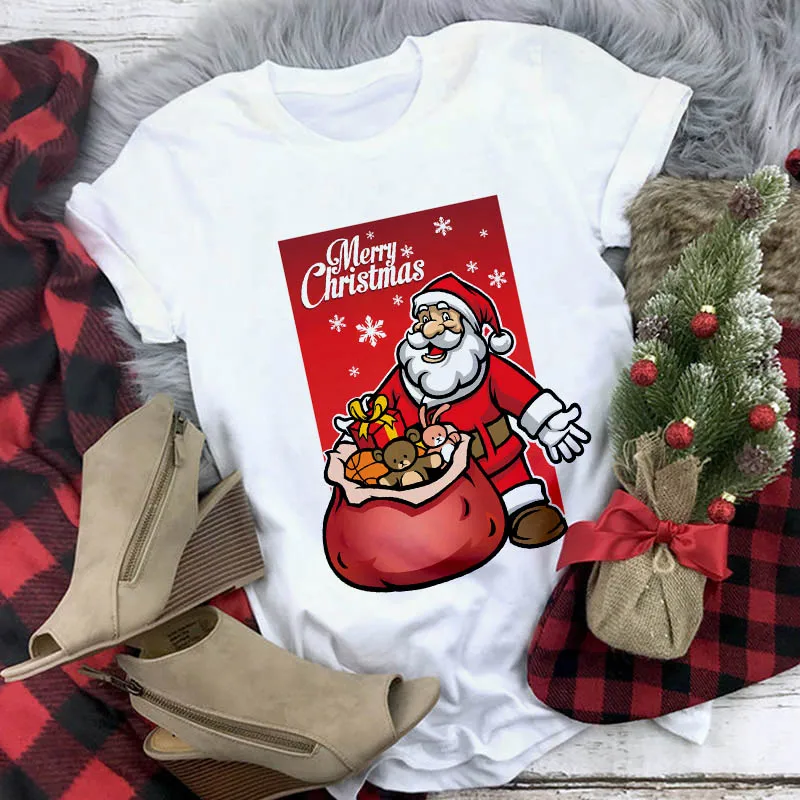 Белая футболка с коротким рукавом, подходит для всех сезонов, топы, одежда, футболка с Санта Клаусом, женская модная футболка Harajuku с Рождеством - Цвет: YH-2726