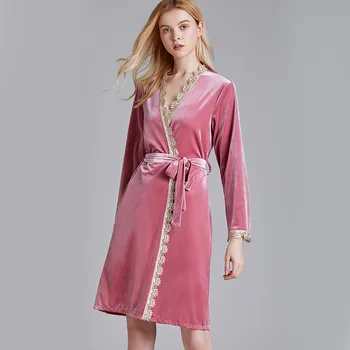 

New pajamas women's autumn gold velvet mid-long nightgown home clothes hotel bathrobe 1586
