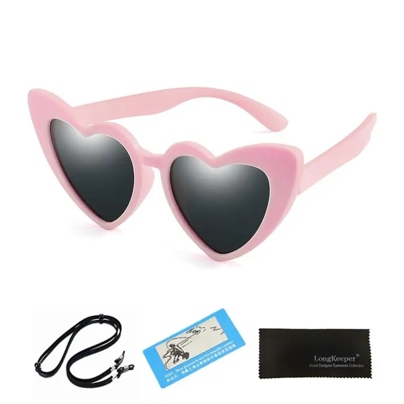 pink grey Longkeader, детские солнцезащитные очки с ремешком, Детские поляризованные солнцезащитные очки, с сердечком, для мальчиков и девочек, TR90, защитная рамка, UV400 - Цвет линз: pink grey