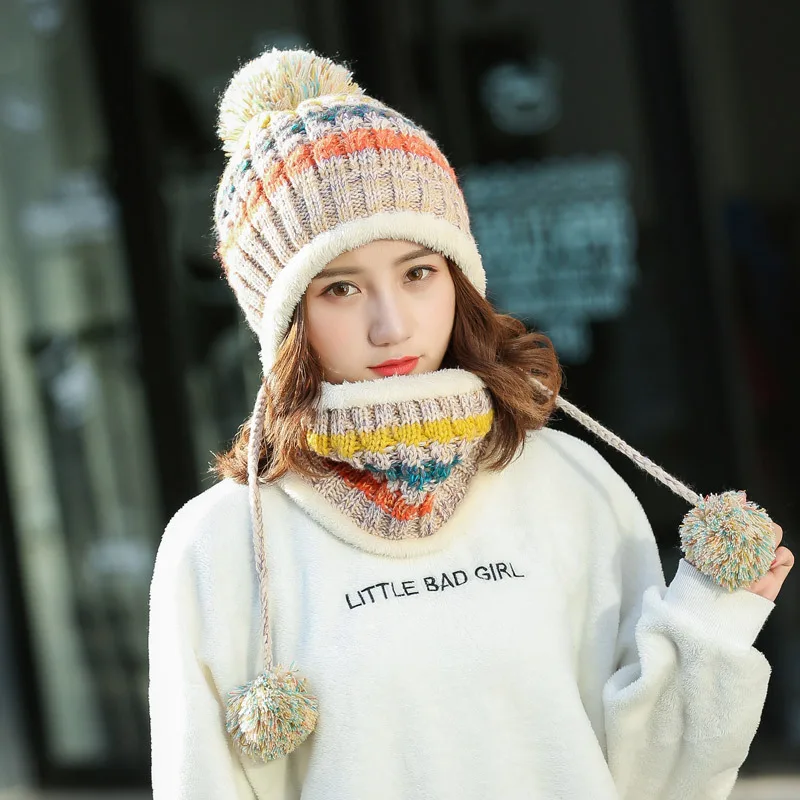 

New Warm Knit Hat Scarf Set Women Pom Poms Beanie Hat for Winter Autumn Neck Mask Hat For Girls Balaclava Sacrf Skullies Hats