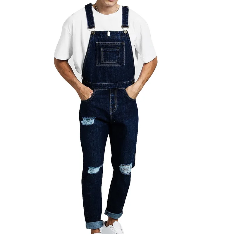 Fashion man Casual Losse Pocket Overalls Comfortabele Denim Jumpsuits Bib pants jeans baggy Jeans Man Blauw Broek - Color: C