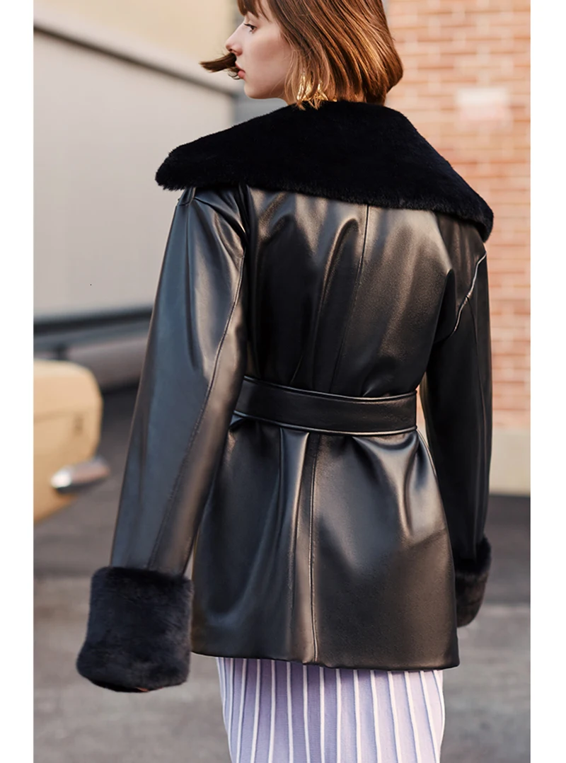 [EAM] Свободная облегающая бандажная куртка из искусственной кожи, Новое Женское пальто с меховым воротником и длинными рукавами, модное осенне-зимнее пальто 1H833