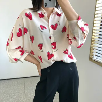 

Women Shirt New Sweet Style Love Printed Silk Long Sleeve Shirt