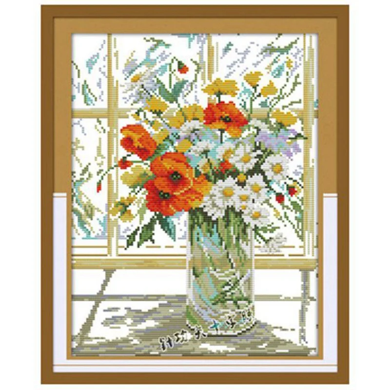 2 Pcs DIY Hand Cross Stitch Embroidery 11CT Print Windowsill Vase Pattern Cross Stitch Home Decoration, 36 X 45 Cm& 36 X 47 Cm