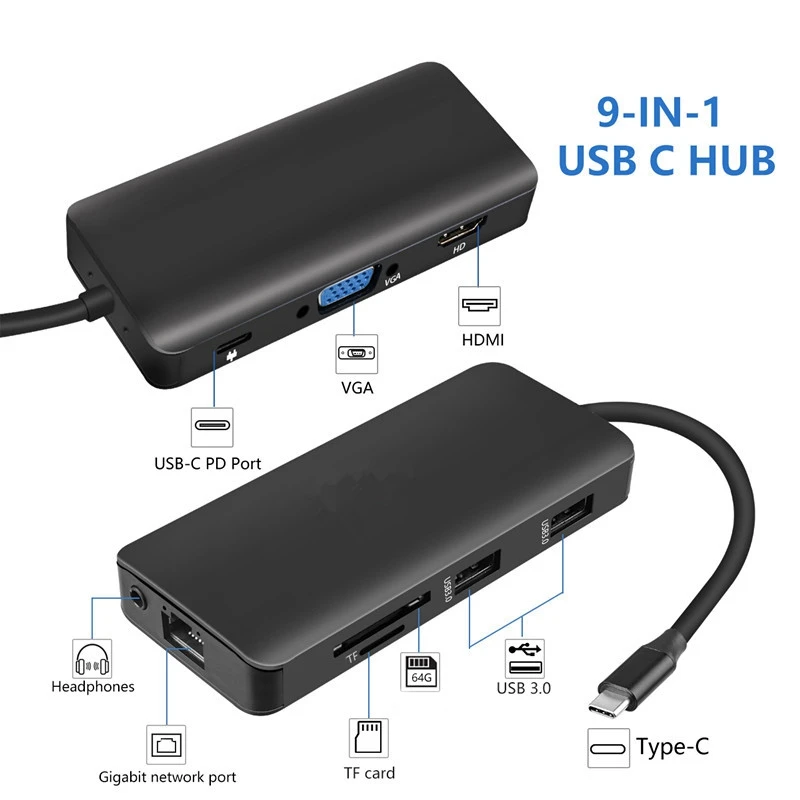 Док станция 9 в 1 USB C концентратор адаптер VGA HDMI сетевой порт o PD для ноутбука