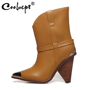 

Coolcept Warm Women Mid-Calf Boots Fashion Patchwork Shoes Women Sewing Pointed Toe Snakeskin Pattern Women Footwear Size 34-44