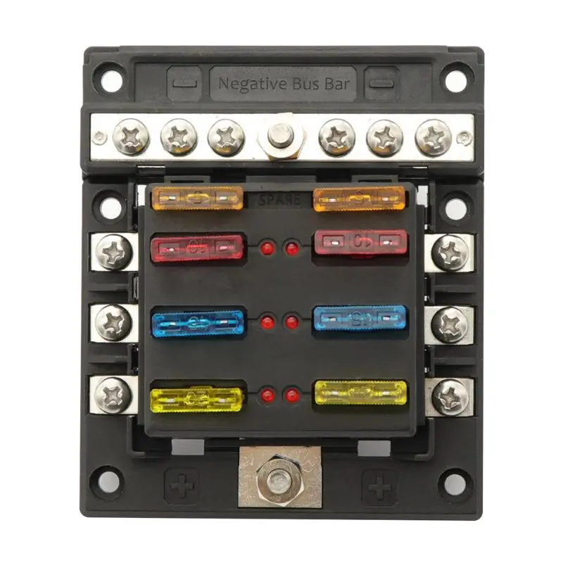 6 way Fuse Holder with LED Indicator Light and Negative Busbar for 12/24V Car RV Fuses