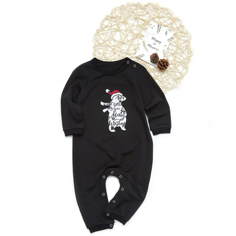 Christmas Family Matching Outfit Bear Printed O-neck Suit Kids Romper Sleepwear Adult 2 Pieces Set Pajamas Black XXL