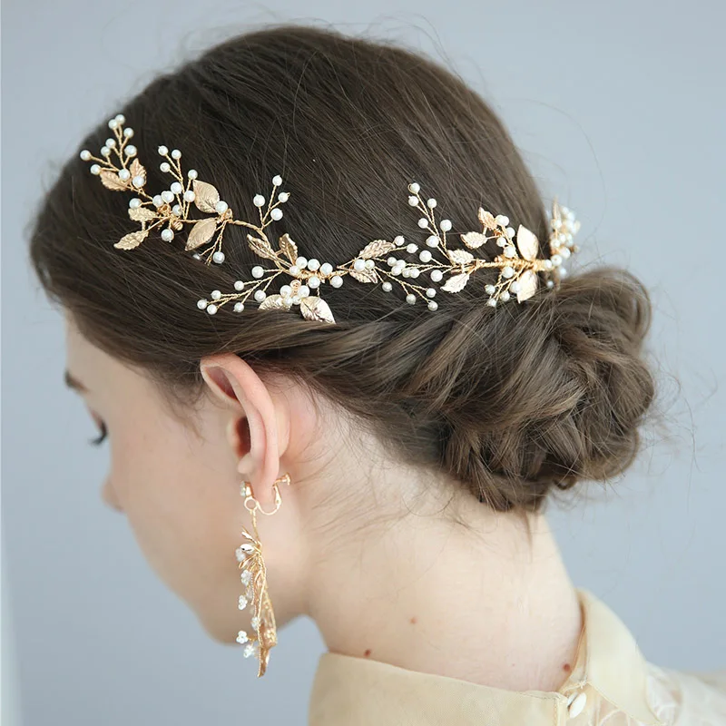 Anniversary Party Jewelry Headband Golden Leaf Bridal Hair Comb Accessories Wedding Side Combs With Pearl