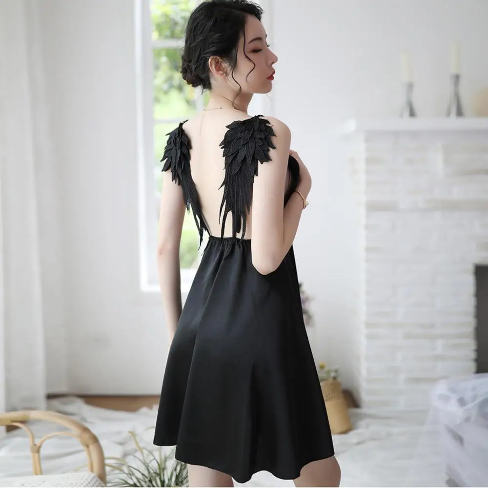 

Women Summer Night Dress Nightgowns Silk Sexy Backless Adjustable Strap Wings Flowy Nightdress Women Sleepwear pizama damska