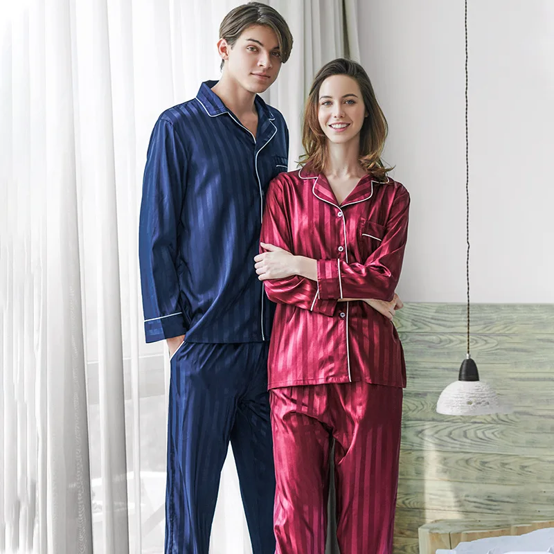 EVES Artificial Silk Pijama 2 Pieces Polo-Collar Sleepwear Pyjamas Stripes Spring Men Women Bedgown Home Clothes Man Pajamas Set