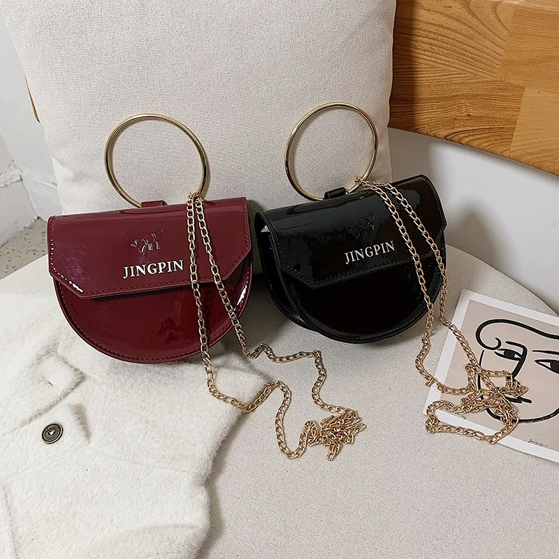

New Arrival Winter Textured New Style Saddle Bag Women's Western Style Versatile Chain Shoulder Oblique Bag Circular Ring Orname