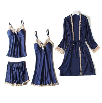 

Pajamas Sleep Set Navy Blue Women 4PCS Lace Nightgown Spring Nightwear Suit Sleepwear Robe Gown Pijama Nightie Wear Home Clothes