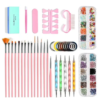 

38PCS 3D Nail Art Supplies With Glitter Nail Rhinestones Nail Art Brushes Dotting Pen Striping Tapes Polishing DIY Tools Set Y