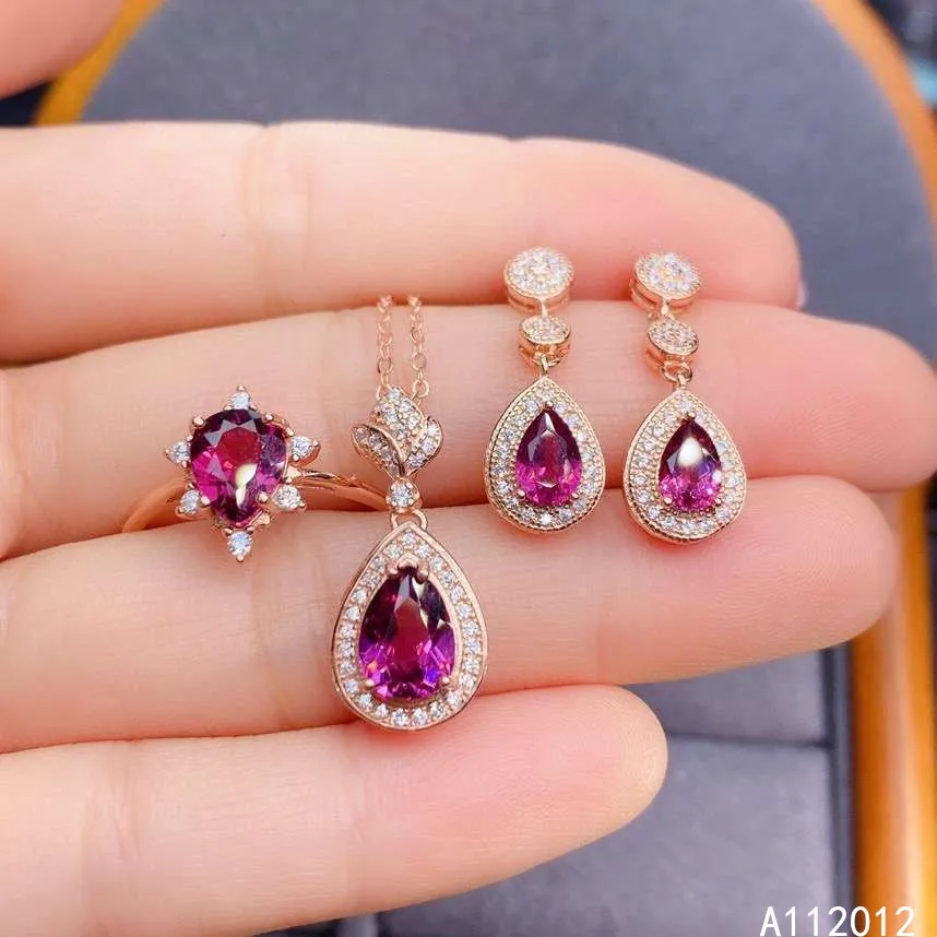 

KJJEAXCMY fine Jewelry 925 sterling silver inlaid natural Garnet girl trendy pendant ring earring set support test hot selling