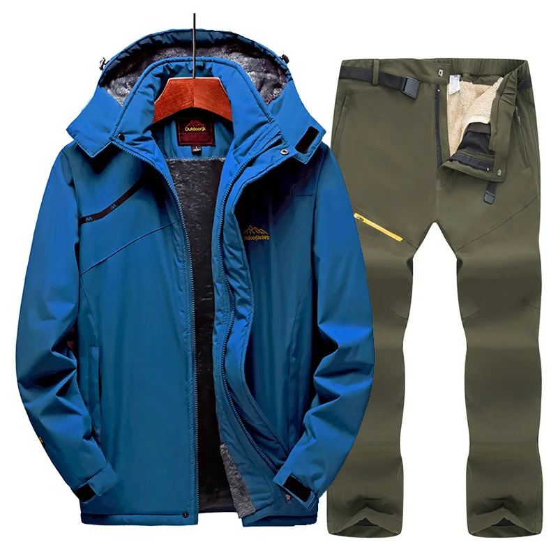 Лыжный костюм для мужчин, комплекты для катания на лыжах и сноуборде, теплая водонепроницаемая ветрозащитная флисовая куртка для сноуборда+ штаны, мужской зимний костюм - Цвет: Blue   Army green
