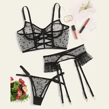 

top selling Sexy Exquisite Mesh Lingerie Bra+Garter+Briefs Set Babydoll Cut-Out Sleepwear Support Wholesale and Dropshipping