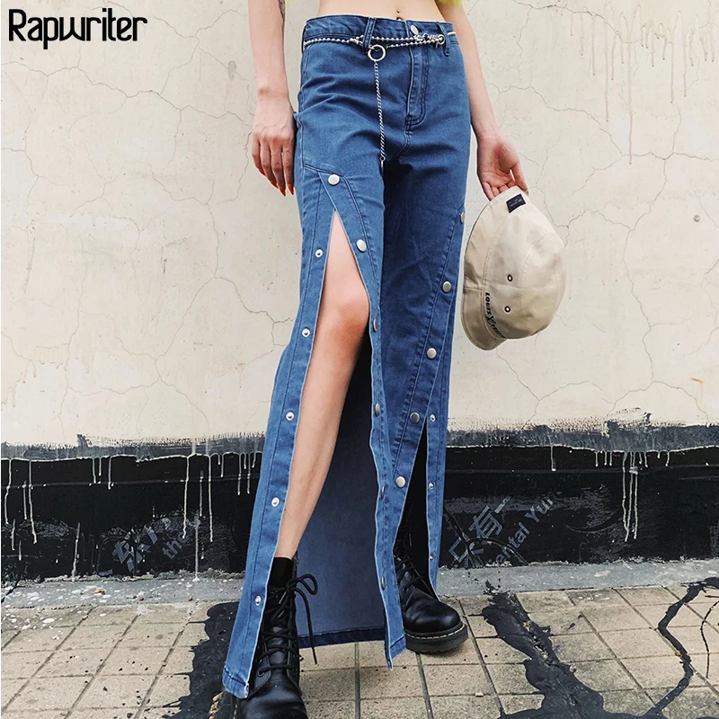 

Rapwriter High Waist Side Metal Button Split Flare Denim Pants Women 2019 Autumn Streetwear Bell Bottom Capris Femme Trousers