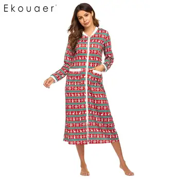 

Ekouaer Winter Sleepwear Long Nightgown Women Loungewear Dress O-Neck Long Sleeve Pocket Christmas Nightdress Sleepshirts