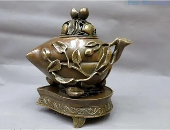 

YM 308 China brass censer sculpture carved copper longevity peach Incense Burner Statue