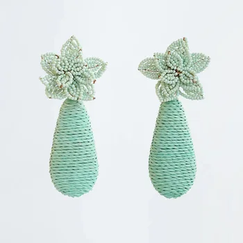 

ZA Earrings Bohemian Light Green Beaded Handmade Flower Dangle Earring For Women Boho Large Water Drop Shape Earring Jewelry