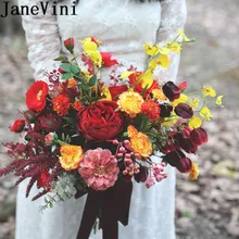 JaneVini Винтаж Осень красные и желтые розы свадебные букеты Искусственные Шелковые Свадебный букет цветов держатель Свадебные аксессуары