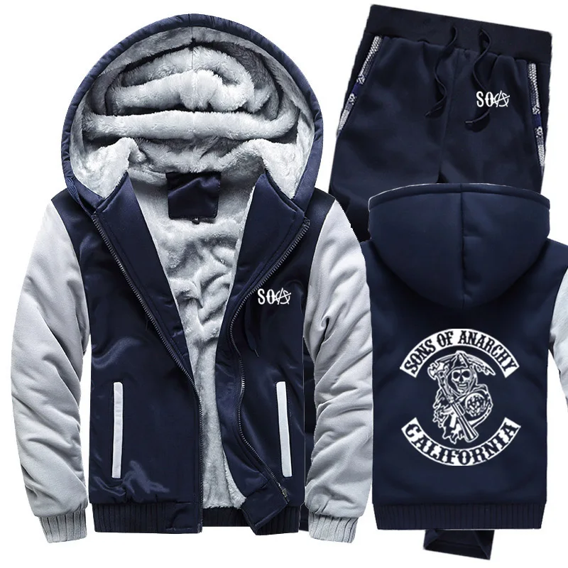 SOA Sons of Anarchy, толстовки с принтом черепа, мужской костюм, зимний флисовый утепленный свитшот на молнии, мужские толстовки, куртка+ штаны, 2 шт - Цвет: 804