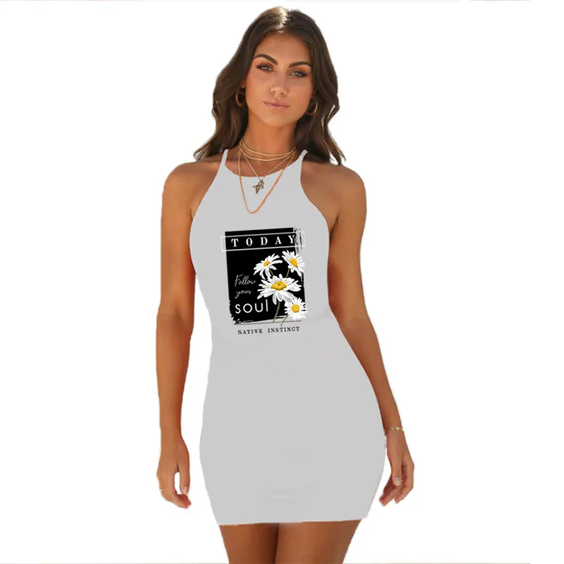 

2020 Women White Dress Daisy Print Vest Short Dresses Tight Temperament Beach Casual Style Party Clothing Black Mini Vestidos