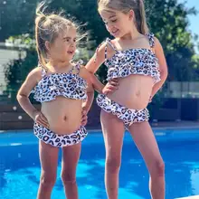 Летний милый пляжный купальник для маленьких девочек с цветочным принтом и леопардовым принтом