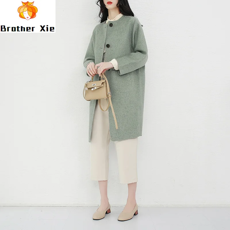 

2020 New fashion plus size 100% woolen coat long double faced medium long overcoat hepburn o-neck collar women's cashmere coat
