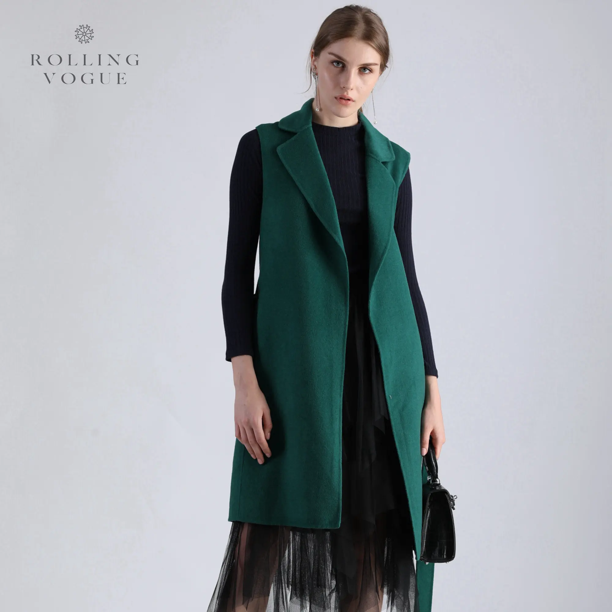 

New 2019 Winter Warm Dark Green Long Cashmere Coat Women OL Woolen Topcoat Luxury Wool Blends Streetwear Sleeveless Open Stitch
