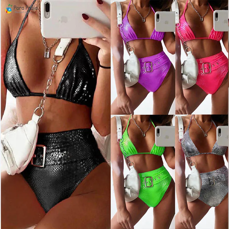 

Para Praia Crocodile Print Swimsuit With Belt Push Up Bikini High Waist Bikini Set Beachwear Belt Swimwear Women Bathing Suit