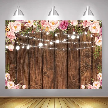 

Wedding Bridal Shower Photography Backdrop for Photo Studio Photocall Floral Rustic Wooden Flowers Background Green Leaf